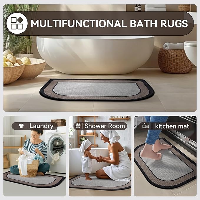 YDKGL Half Circle Bath Mat, Thin Bathroom Rugs Fit Under Door Quick Dry Non Slip Washable Bathroom Mat with Rubber Backing, Absorbent Woven Half Round Shower Mat Rug,Gray Gray Brown