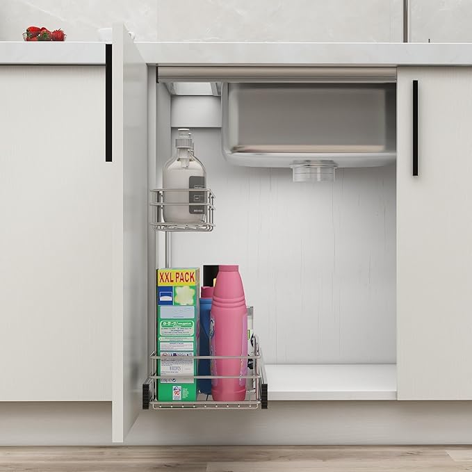STORKING Under Sink Organizer 9" W X17 D, Pull Out Cabinet Organizer 2 Tier, Under Sink Slide Out Chrome Plated, Under Kitchen Bathroom Organizer, Pantry Cabinet Closet Organization Rack, 1 Pack