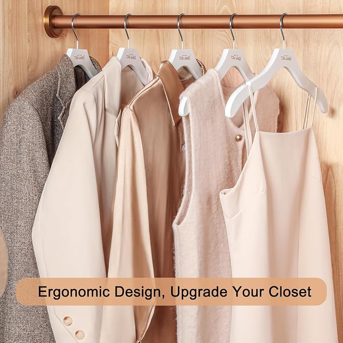 TOPIA HANGER Wooden Coat Hangers 24 Pack, Premium Wood Suit Sweater No Shoulder Bump Hangers, 360° Swivel Hook and Cut Notches Clothes Hangers for Sweater, Coat, Shirts, Hoodies, Dress, White CT85W