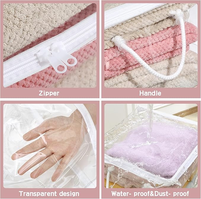 10-Pack Clear Zippered Storage Bags with Handles, Two-Way Zipper Foldable Closet Organizer, Bed Sheet Organizer, Plastic Storage Bin for Clothes, Towels