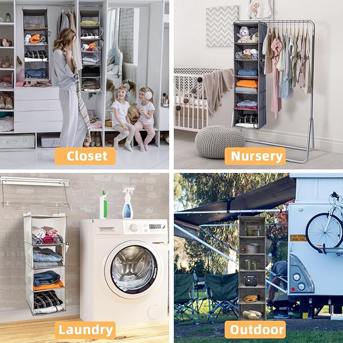 6-Shelf Hanging Closet Organizer and Storage, Collapsible Hanging Shelves for Closet with 2 Side Pockets, Hanging Shoe Organizer to Saving Space,Grey