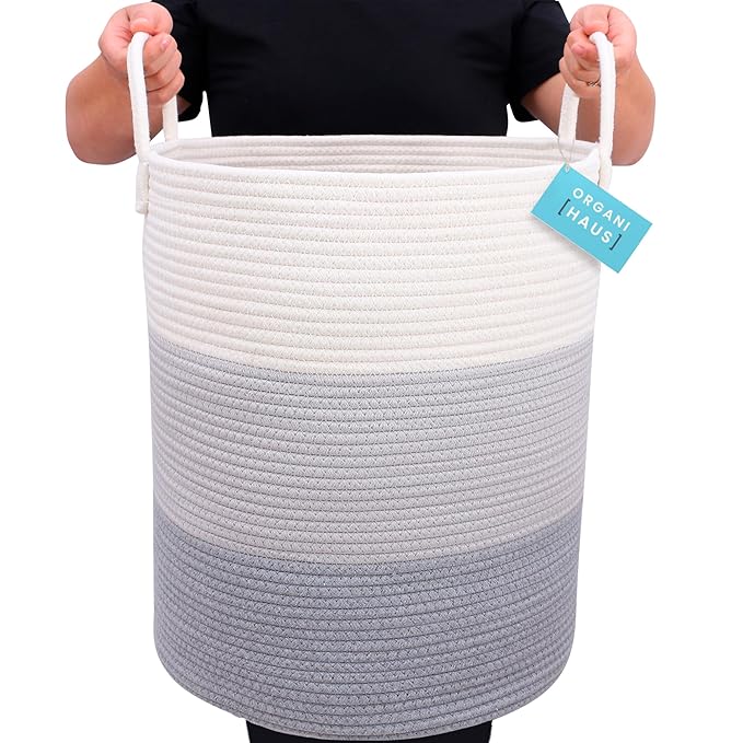 OrganiHaus Large Gray Woven Laundry Basket w/Handles 52L, Rope Dirty Clothes Hamper, Blanket Basket for Living Room, Baby Laundry Hamper for Nursery, Soft & Durable Decorative Organizer Bin