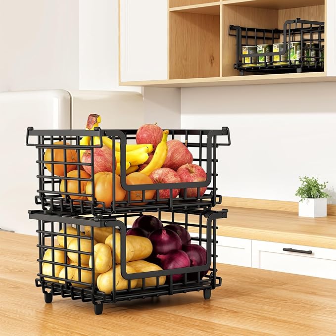 2 Pack Stackable Metal Wire Vegetable Fruit Basket for Kitchen Counter Cabinet, Pantry Organizers and Storage Basket, Food Can Snack Onion Potato Bread Storage Shelf Freezer Organizer Bins Black