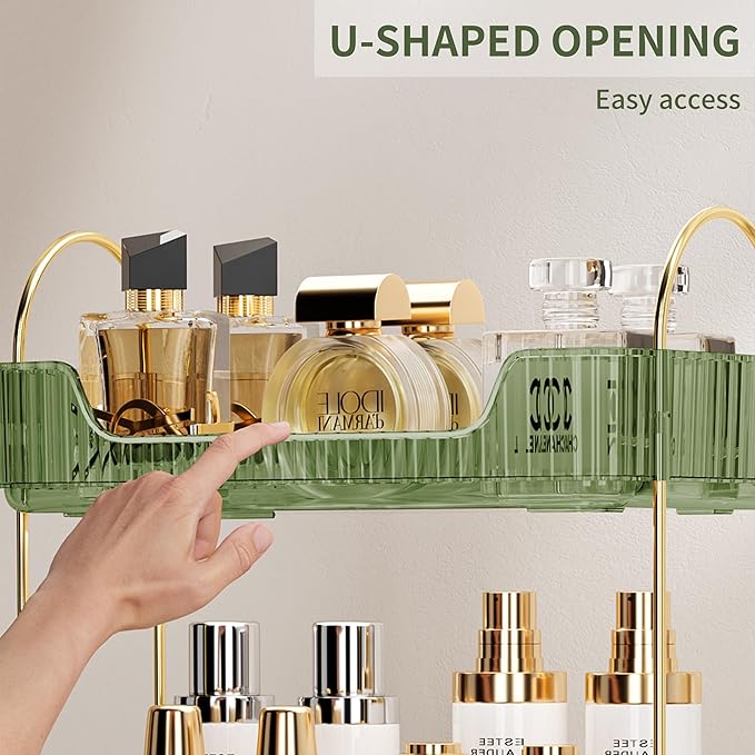 2 Tier Bathroom Organizer Countertop Makeup Perfume Tray Skincare Organizer for Bathroom Dresser Vanity (Green)