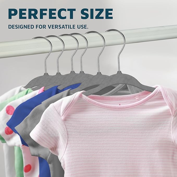 Gray Velvet Kids Hangers 20 Pack, 10.83" Non-Slip Baby & Toddler Hangers for Clothes, Space-Saving Slim ABS Plastic with 360° Swivel Hook & Notched Shoulders, Up to 10 lb Capacity