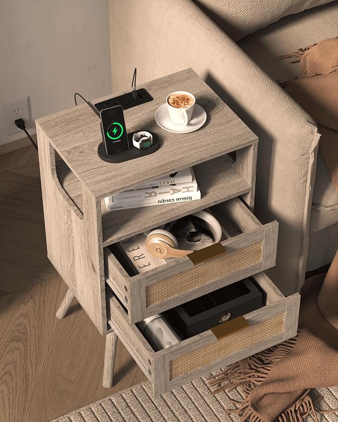 Veegle Rattan Nightstand with Charging Station,Modern Bedside Table with 2 Storage Drawer and Open Wood Shelf, for Bedroom and Small Spaces,Night Stand with Solid Wood Legs (Grey Oak)
