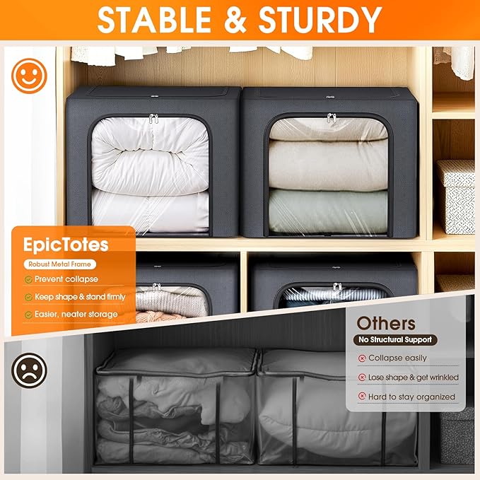 3 Pack Clothes Storage Bins with Metal Frame,40L Storage Bags Fabric Box Organizer with Clear Window,Zippers,Sturdy Handles(3 Pcs,Light Grey,40L)
