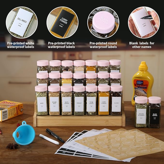 48 Glass Spice Jars with Labels,Spice Jar Set,4oz Seasoning Containers,Spice Containers with Pink Airtight Lids and Shaker Lids,Square Empty Spice Bottles, 492 Labels,1 Funnel