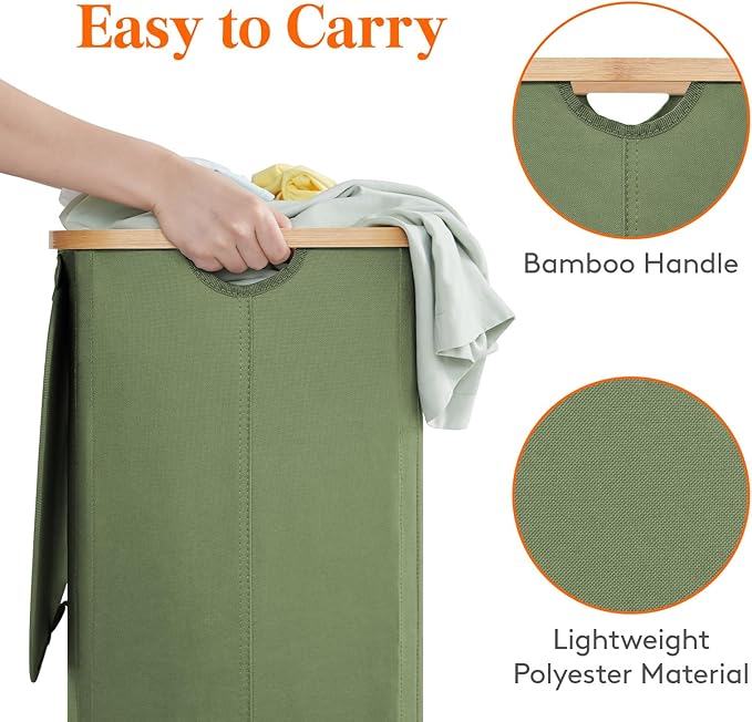 Lifewit 100L Laundry Basket with Lid, Clothes Hampers for Laundry with Bamboo Handles and 1 Removable Bag, Large Foldable Laundry Hamper for Bedroom, Bathroom, Dorm, Laundry Room, Green
