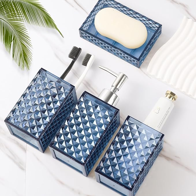 Bathroom Accessories Set, 4 Pack Blue Acrylic Bath Accessory Sets Complete, Diamond Soap Dispenser and Toothbrush Holder Bathroom Counter Sink Set, Boho Modern Bathroom Decor