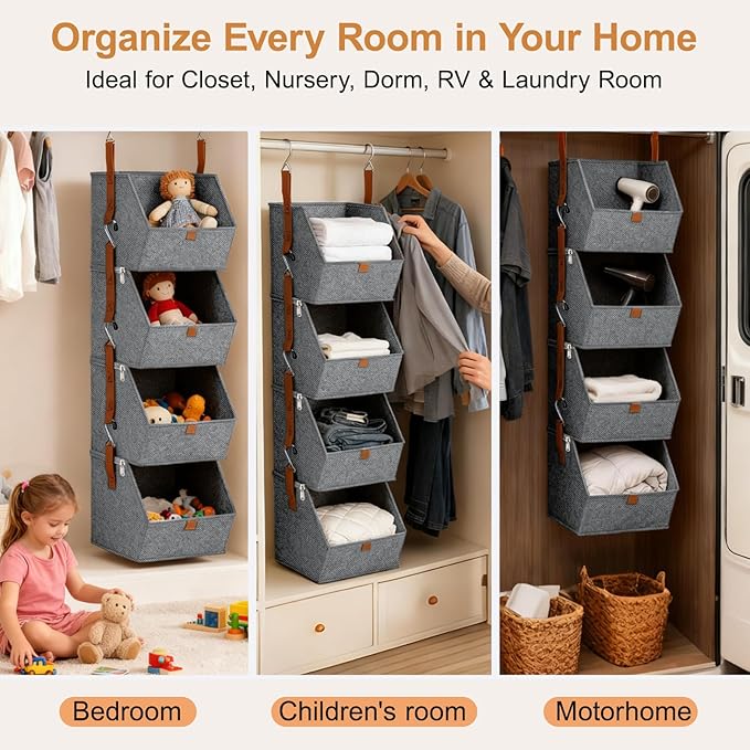 4 Tier Hanging Closet Organizer with Socks Storage Mesh Bag - Space Saving Storage Shelves for Closet, Wardrobe, Fabric Storage Bins for Dorm Rooms, Bedroom (Grey)
