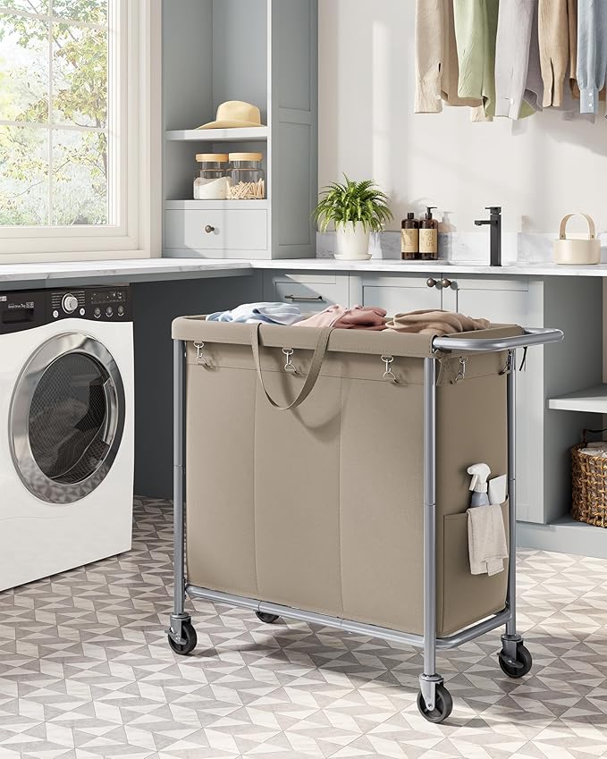 SONGMICS Laundry Basket with Wheels, 3-Section Rolling Laundry Hamper, 52.8 Gallons (200 L), Removable Liner, Steel Frame with Handle, 35.8 x 15.4 x 31.9 Inches, Camel Brown URLS005N01