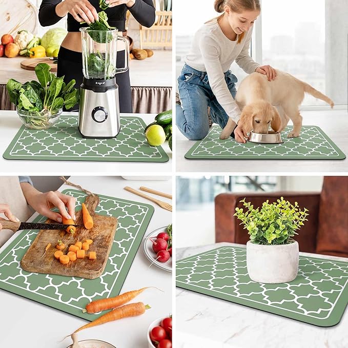 WISELIFE Dish Drying Mat Super Absorbent Drying Mat Large Dish Drying Mats for Kitchen Counter Easy Clean Dish Mat Kitchen Drying Mat16"x 24" Stylish Green