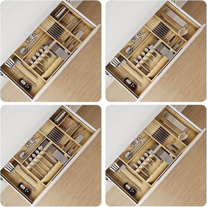 Bamboo Silverware Drawer Organizer, 17.7-29.5 Inch Expandable Large Kitchen Drawer Organizer, 5-8 Slot Flatware with Removable Card Slots & Knife Block for Spoon Butter Knive, Natural
