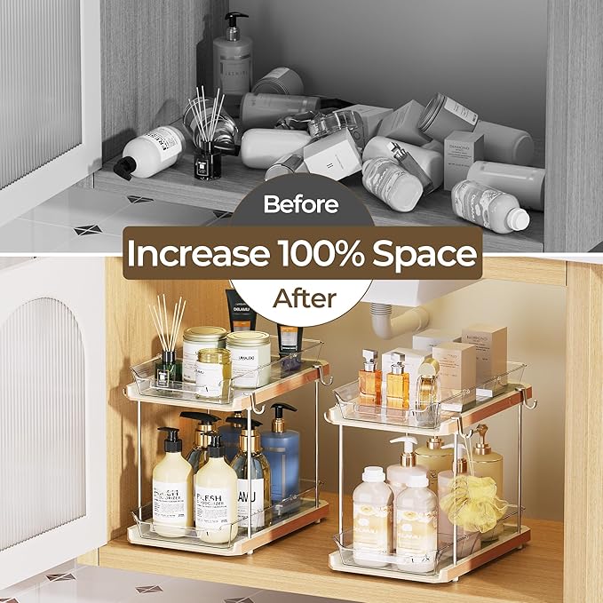 Delamu 2 Tier Bathroom Under Sink Organizers and Storage with Hook, Multi-Purpose Cabinet Drawers with Movable Dividers, Pull Out Organization for Countertop, Kitchen and Pantry(Wood Grain, 2 Pack)