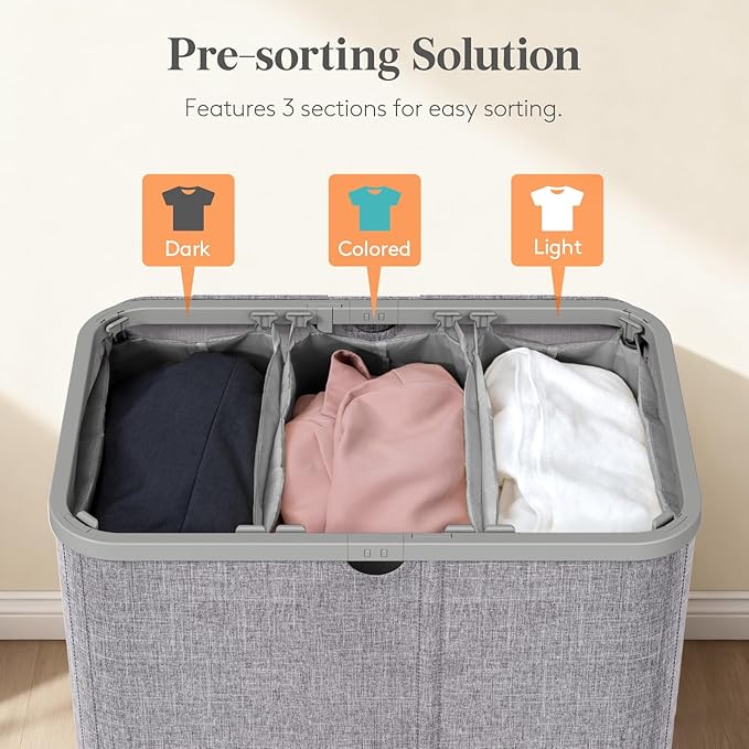 Lifewit 185L Large 3 Section Laundry Hamper with Lid, Plastic Laundry Basket with Bamboo Handles and Removable Bags, Tall Foldable Clothes Hamper for Bathroom Bedroom, Light Gray