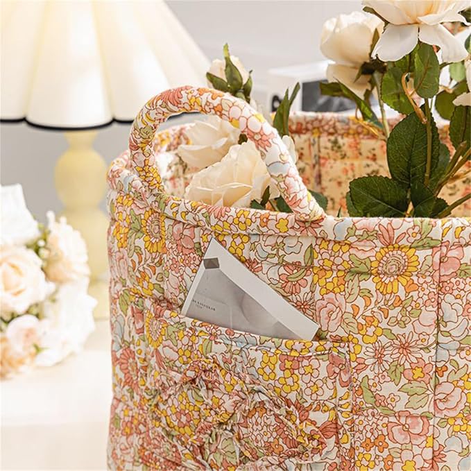 Boho Fabric Storage Basket, Large Capacity Laundry Basket, 12.2'' x 10.23'' x 10.23'' Collapsible Laundry Hamper with Easy Carry Handles (Orange, L)