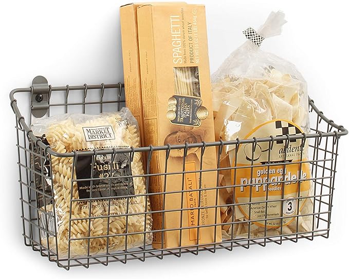 Spectrum Extra Large Wire Wall Mount Storage Basket Industrial Gray, Vintage Wire Basket Wall Mount Organizer Modern for Pantry Kitchen and Bath, Versatile Wall Mount Storage Basket Wire Caddy