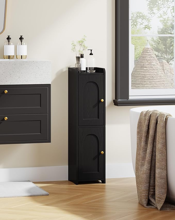Bathroom Storage Cabinet, Small Corner Floor Cabinet with 2 Doors and Adjustable Shelf, Narrow Toilet Paper Cabinets, Bathroom Organizer for Small Spaces, 7.9" D x 7.9" W x 29.5" H Black