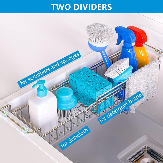 Over The Kitchen Sink Caddy Sponge Holder Organizer Drying Rack Expandable for Sponge Brush Soap Dish Cloth Rag Smaller 12.25" to 17.25", Stainless Steel
