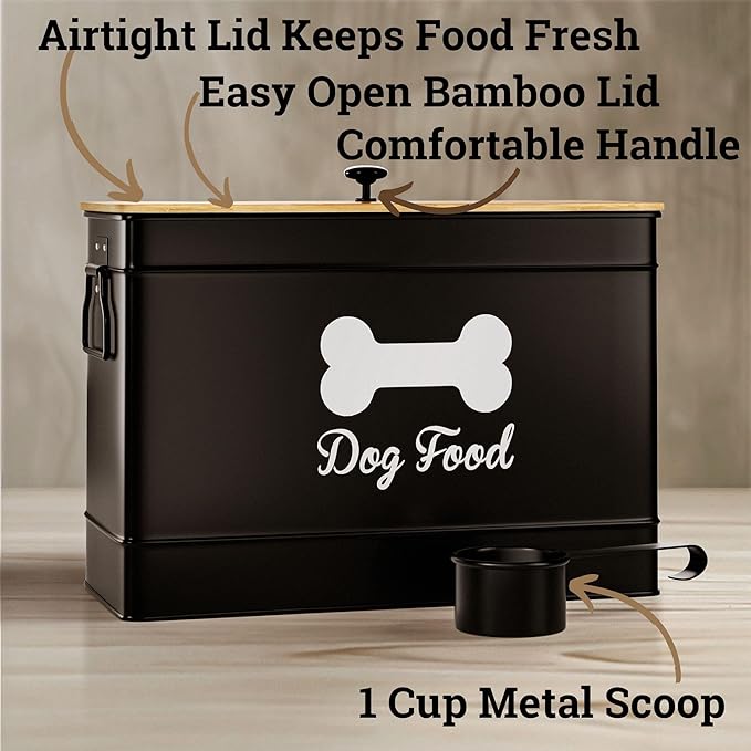 Dog Food Container Airtight 15 lb (50 Cup) Capacity with Metal Scoop - Cute Airtight Dog Food Storage Container with Bamboo Lid - Black Metal Kibble Storage Bin for Dogs up to 100 lbs - Big Pet Jar