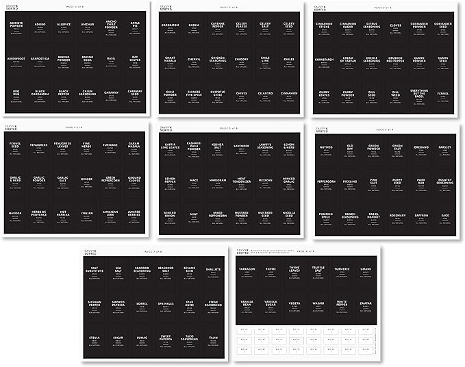 SAVVY & SORTED Black Spice Labels for Jars, 148 Preprinted Organizing Stickers Designed for Spices Storage Glass Bottles for Herbs Seasonings, Kitchen Pantry Organization
