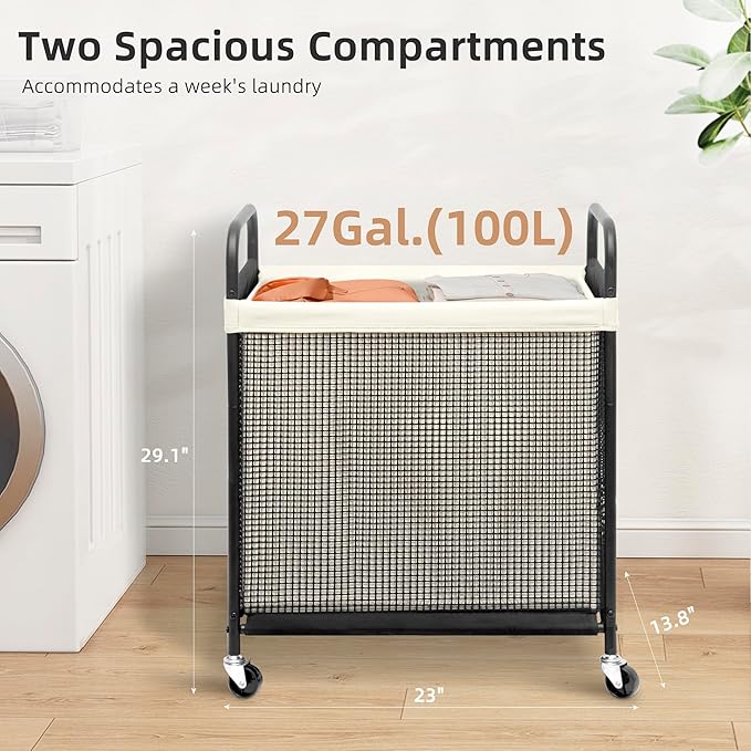 STORAGE MANIAC Rolling Laundry Hamper with Wheels 2-Section Laundry Sorter Rolling Laundrys Basket on Wheels with Removable Bag Clothes Hamper Laundrys Organizer Cart Bathroom Bedroom 100L Beige
