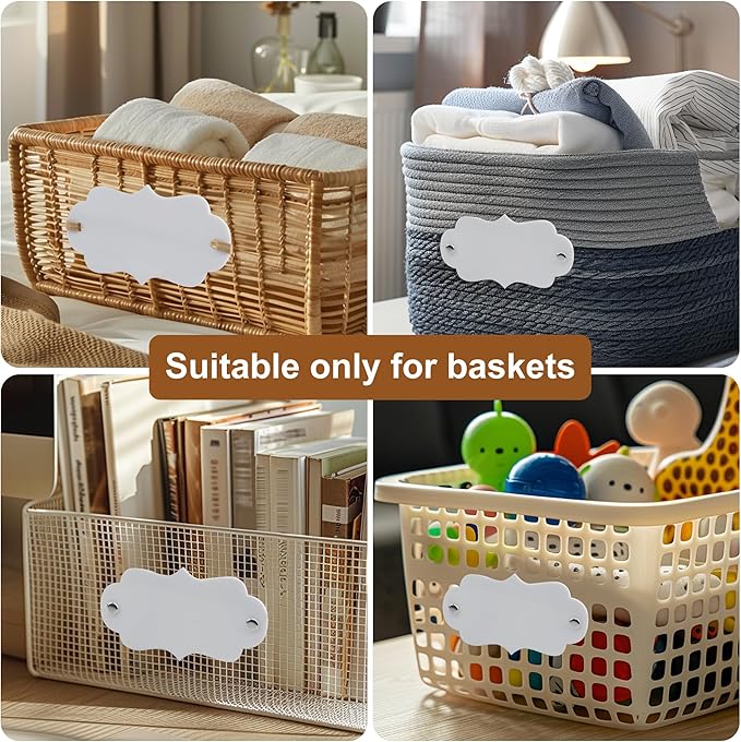 Temlum 18 Pcs Acrylic Basket Labels, Storage Tags with Chalk Marker Removable Label for Wire, Wicker, Woven Baskets & Pantry Storage (Wavy Shape 02, White)