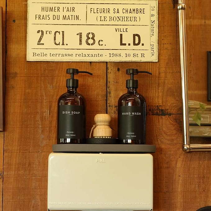 Set of 5 Kitchen Soap Dispenser Set 16 Oz Glass Hand Dish Soap Dispenser with Stainless Steel Pump, Cement Tray, Dish Scrub Brush for Farmhouse Rustic Home Bathroom Decor (Brown)