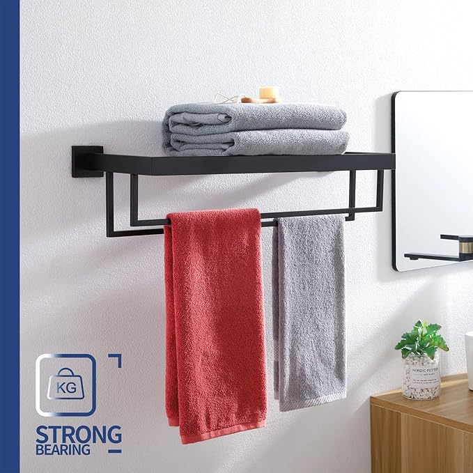 KOKOSIRI Matte Black Towel Rack 24'' Bathroom Towel Shelf with Double Towel Bars SUS304 Stainless Steel Wall Mounted, B6003BK