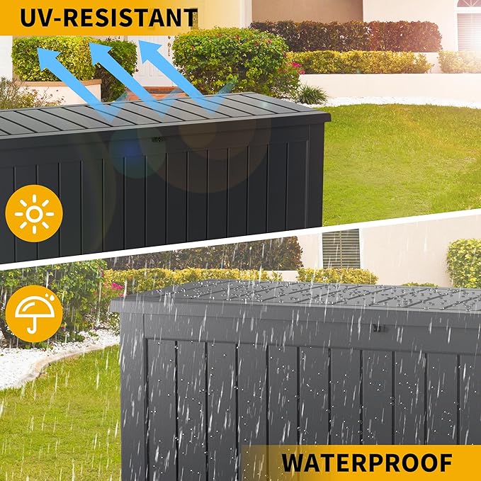 Outdoor Storage Box Waterproof, 150 Gallon Lockable Resin Deck Box Large, Patio Storage Bin for Pool Accessories Cushion Furniture, Garden Tools, UV-Resistant Outside Delivery Black