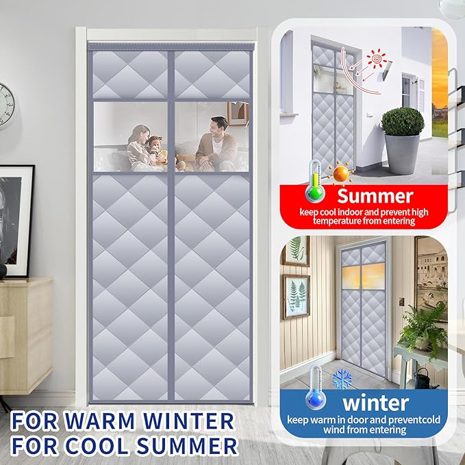 Magnetic Thermal Insulated Door Curtain with Detachable Visible Windows, Thicken Polyester Fiberfill & Durable Oxford Fabric, Hands Free Windproof Door Screen, Fits Door Size up to 36" x 82", Grey