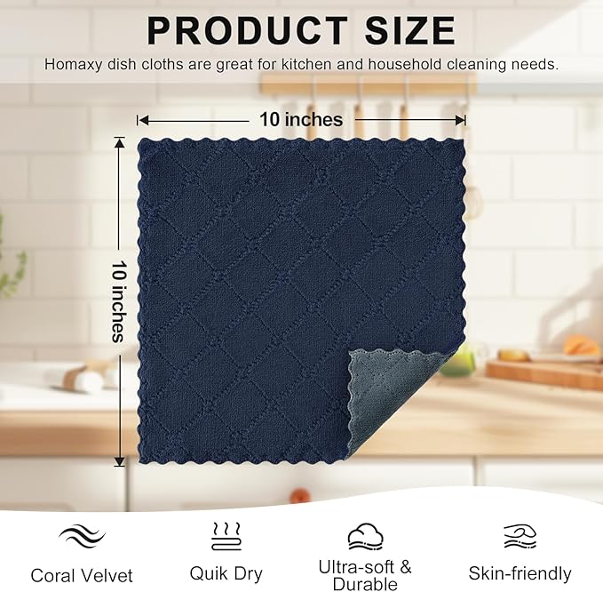 Homaxy 12 Pack Kitchen Cloths Dish Towels (10" x 10", Dark Grey & Navy Blue), Super Soft and Absorbent Dish Cloths, Coral Velvet Microfiber Cleaning Cloth, Nonstick Oil Fast Dry Dishcloths
