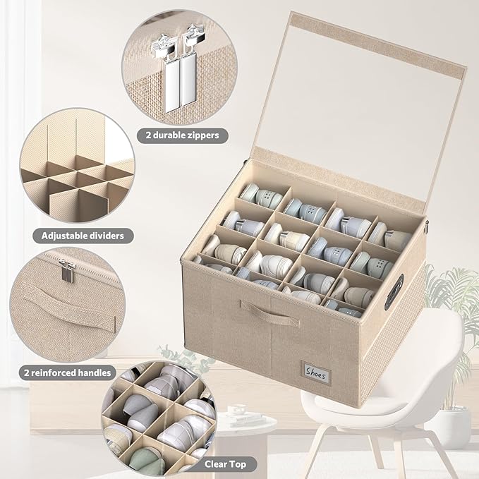 Shoe Organizer for Closet, Large Shoe Box Storage Containers with Clear Window, Space Saving Shoe Bin with Foldable Bottom Support Adjustable Dividers - Fits 16 Pairs (Beige, (19.7*15.7*13)x1)