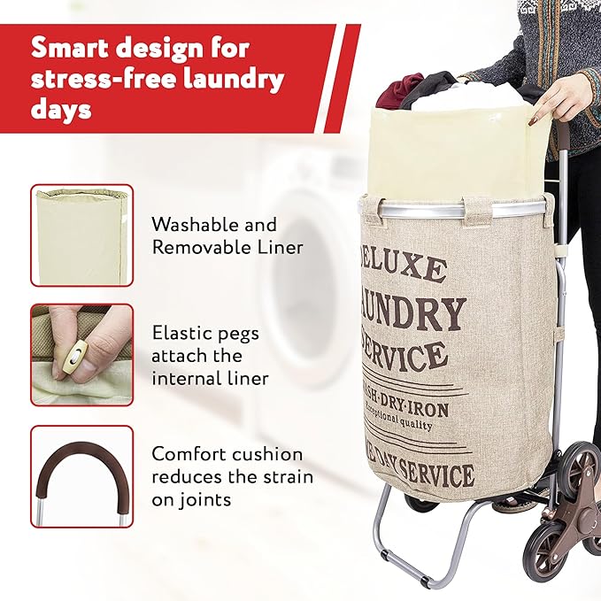 dbest products Stair Climber Laundry Trolley Dolly, Beige Laundry Bag Hamper Basket cart with wheels sorter