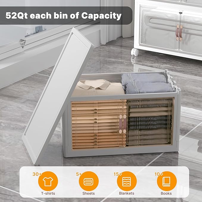 Extra Large Stackable Storage Bins with Lids & Wheels & Door, 260QT-52QT/13GAL*5Pack Foldable Collapsible Closet Organizers, Plastic containers drawers for bedroom Dorm