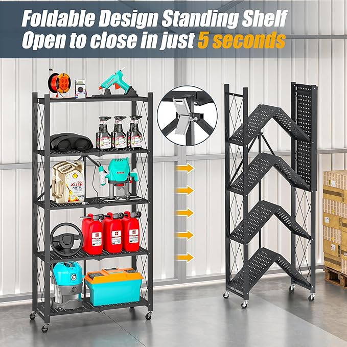 5-Tier Folding Metal Storage Shelf with Wheels, Heavy Duty Organizer Rack Holds 750 lbs, No Assembly Utility Shelving for Kitchen, Garage, Pantry, Living Room, Office (New Upgrade - Black, 5 Tier)