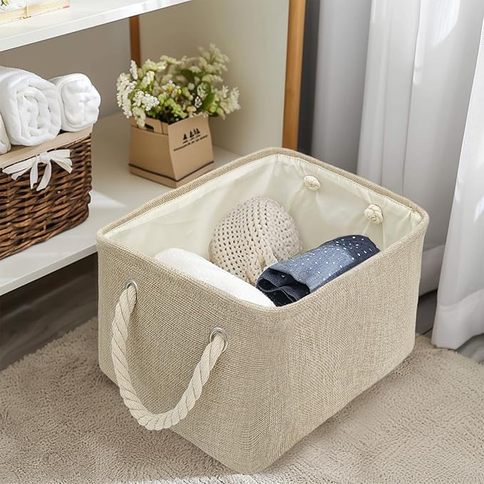 9 Pack Storage Basket Bins & Decorative Baskets Fabric Storage Cubes Containers Bulk W/Handles for Office, Home, Books, Clothes, Bedroom, Closet (Beige)