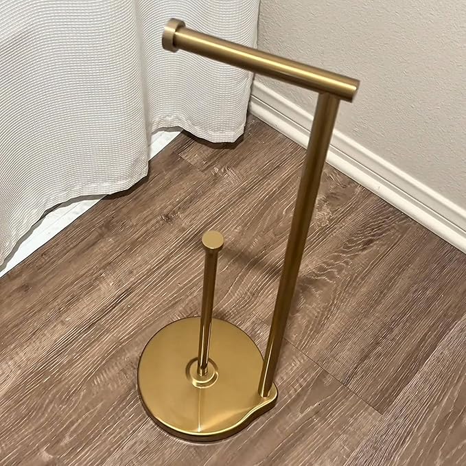 theaoo Heavy-Duty Toilet Paper Holder Stand – Modern Freestanding Bathroom Toilet Tissue Paper Roll Holder with Reserve & Storage, Stainless Steel (Brushed Gold, Free Standing)