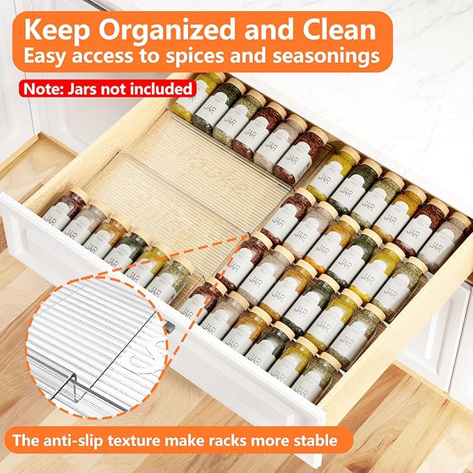 6 Pack Spice Drawer Organizer, 6 Tier Drawer Clear Seasoning Organizer, Extended From 11" to 22", Spice Rack Organizer for Drawer and Kithchen (Jars Not Included)