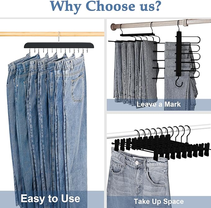 Jean Hangers for Closet, 14 Wood Jeans Hooks Space Saving, 180° Rotating Jean Hangers for Skirts/Shorts/Belts/Ties, Closet Organizers and Storage, Pants Hooks for Jeans, 2 Pack, Black