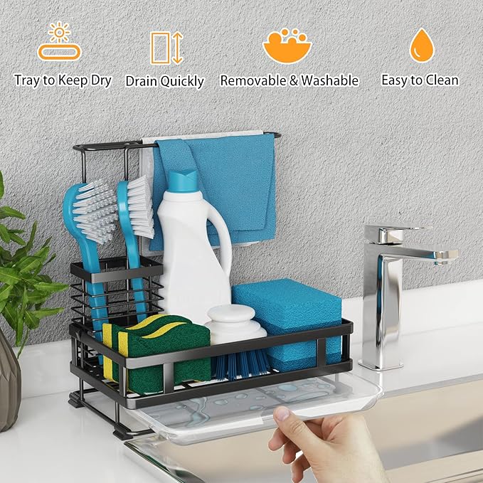 Godboat Dish Soap Dispenser, Kitchen Sink Organizer with Brush Rack, 304 Stainless Steel, Sponge Holder for Kitchen Sink, Sink Caddy with Drain-Pan, Cool Kitchen Gadgets & Gifts for Women, Christmas