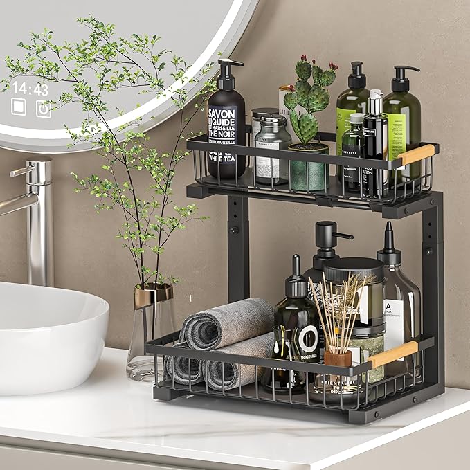 Under Sink Organizer 2 Pack, 2 Tier Slide Out Large Capacity Height Adjustable Under Sink Organizers and Storage for Kitchen Bathroom Cabinet, Black