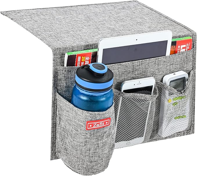 Zafit Linen 4 Pockets Bedside Caddy, Bedside Storage Organizer with Water Bottle Holde for Magazine, Remotes, Phone (Grey)