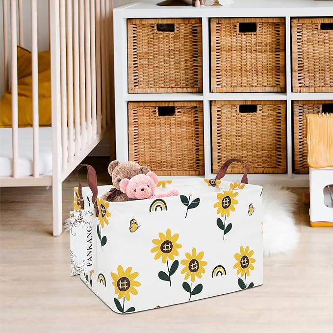 FANKANG Storage Bins, Nursery Hamper Canvas Laundry Basket Foldable with Waterproof PE Coating Large Storage Baskets for Kids Boys and Girls, Office, Bedroom, Clothes,Toys(Rec-Sunflower）