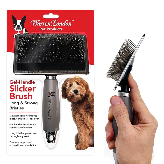 Warren London Slicker Brush for Dogs – Gentle Detangling & Shedding with Comfort Gel Handle – Removes Mats, Loose Fur & Undercoat – Groomer-Approved for Long Thick Doodle Coat Types