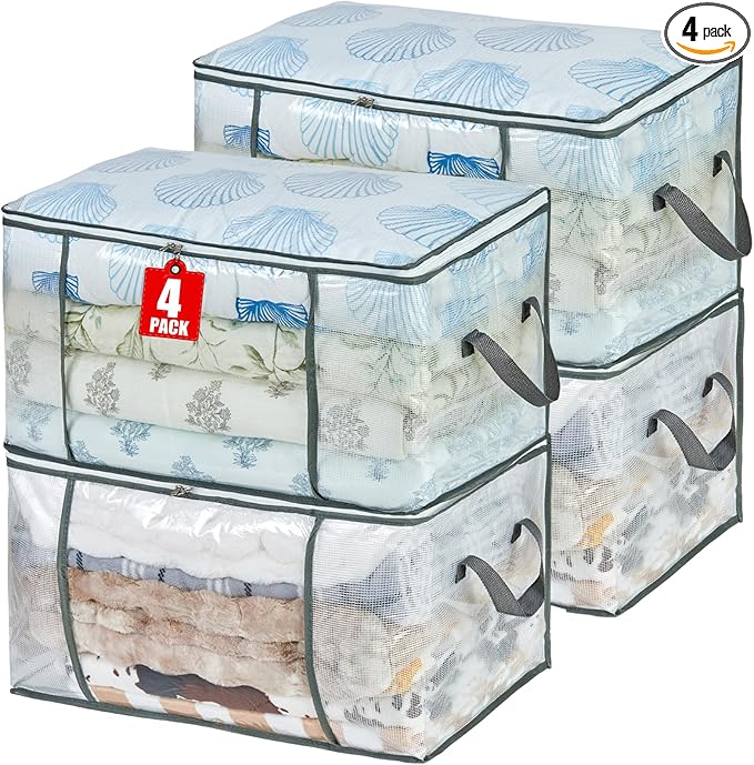 80L Clear Large Storage Bag, Clothes Storage Containers for Organizing Closet, Bedroom, Underbed, Comforters, Clothing, Blankets, Pillow, Foldable Organizer with Sturdy Handle and Zippers (4)