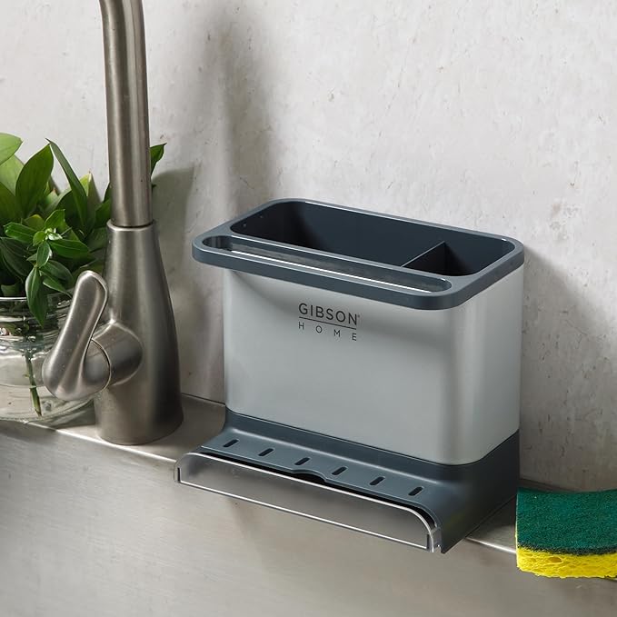 Gibson Home Ledgebrook Sink Caddy with Metal Panel, Metal Sponge Holder for Kitchen Sink, Countertop Organizer and Storage Essentials with Drain Board