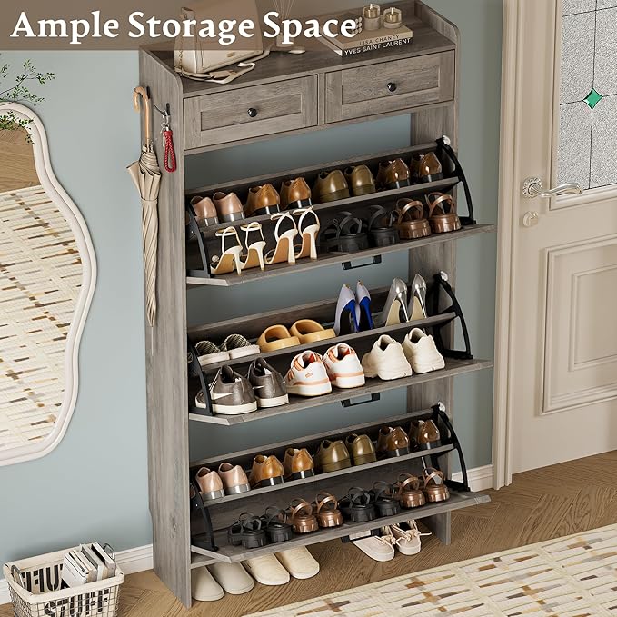 BORNOON Shoe Storage Cabinet for Entryway, Farmhouse Narrow Shoe Cabinet with 3 Flip Drawers & 2 Top Drawers, Adjustable Shelves & Hooks, Freestanding Hidden Rack Organizer for Hallway, Foyer