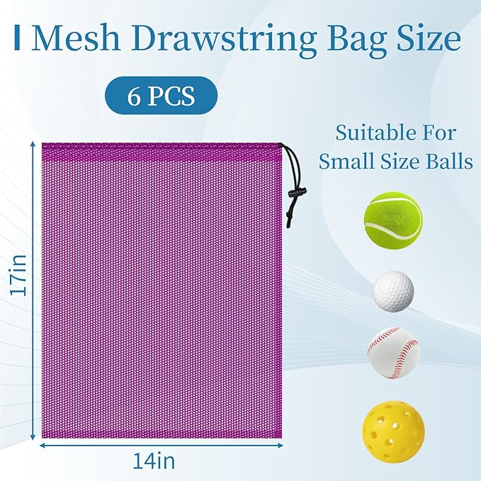 6 Pcs Mesh Bags Drawstring, 14x17 Inch with Lock, Multipurpose Storage Bags for Gym, Balls, Beach, Laundry (Purple)